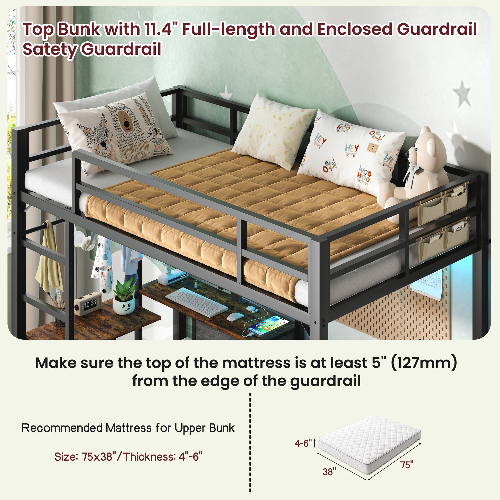 Twin Size Steel Bunk Bed with Charging Station & RGB Lights for Bedroom