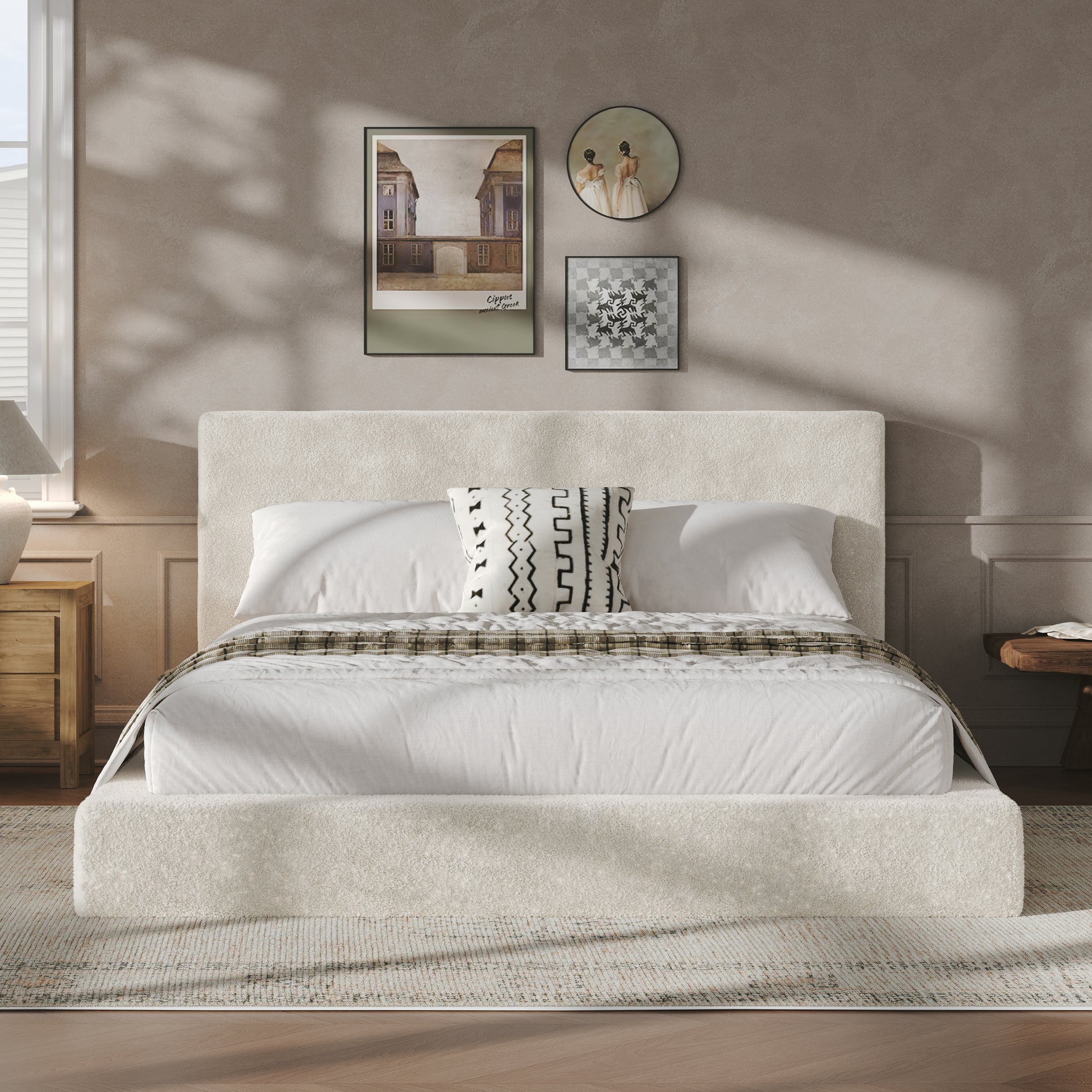 Queen Sherpa Cloud Bed Surround - Soft Upholstered Frame for Bedroom