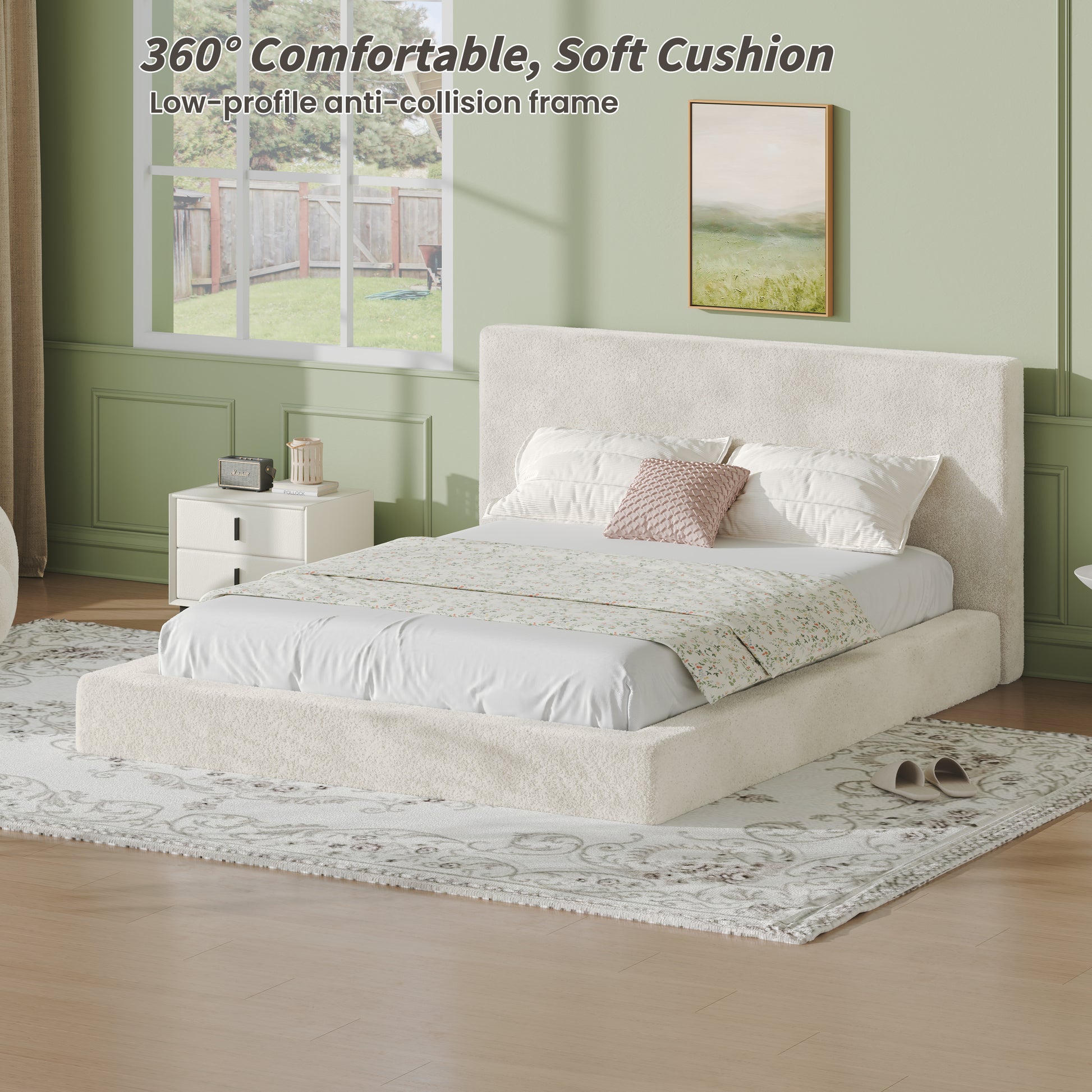 Queen Sherpa Cloud Bed Surround - Soft Upholstered Frame for Bedroom