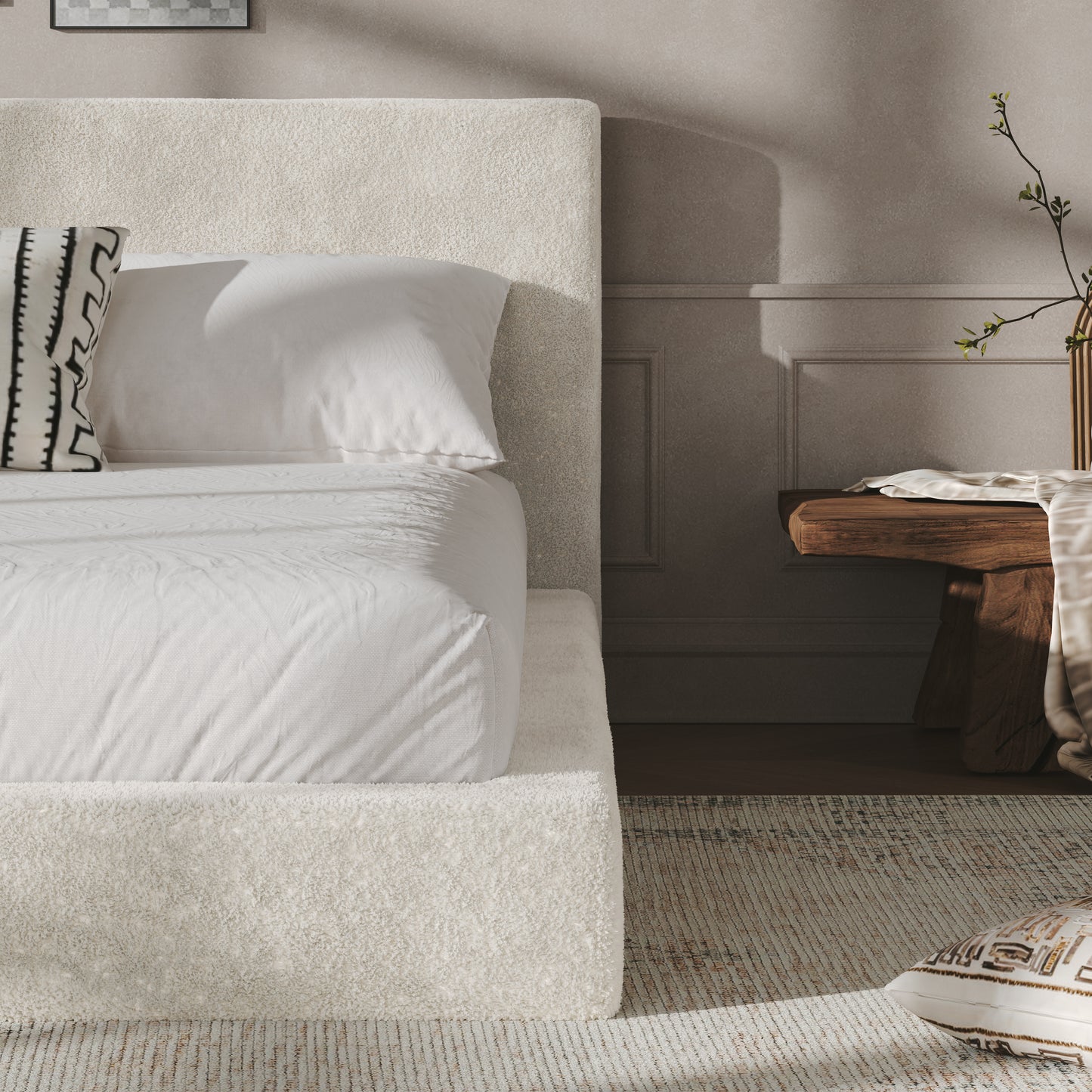 Queen Sherpa Cloud Bed Surround - Soft Upholstered Frame for Bedroom