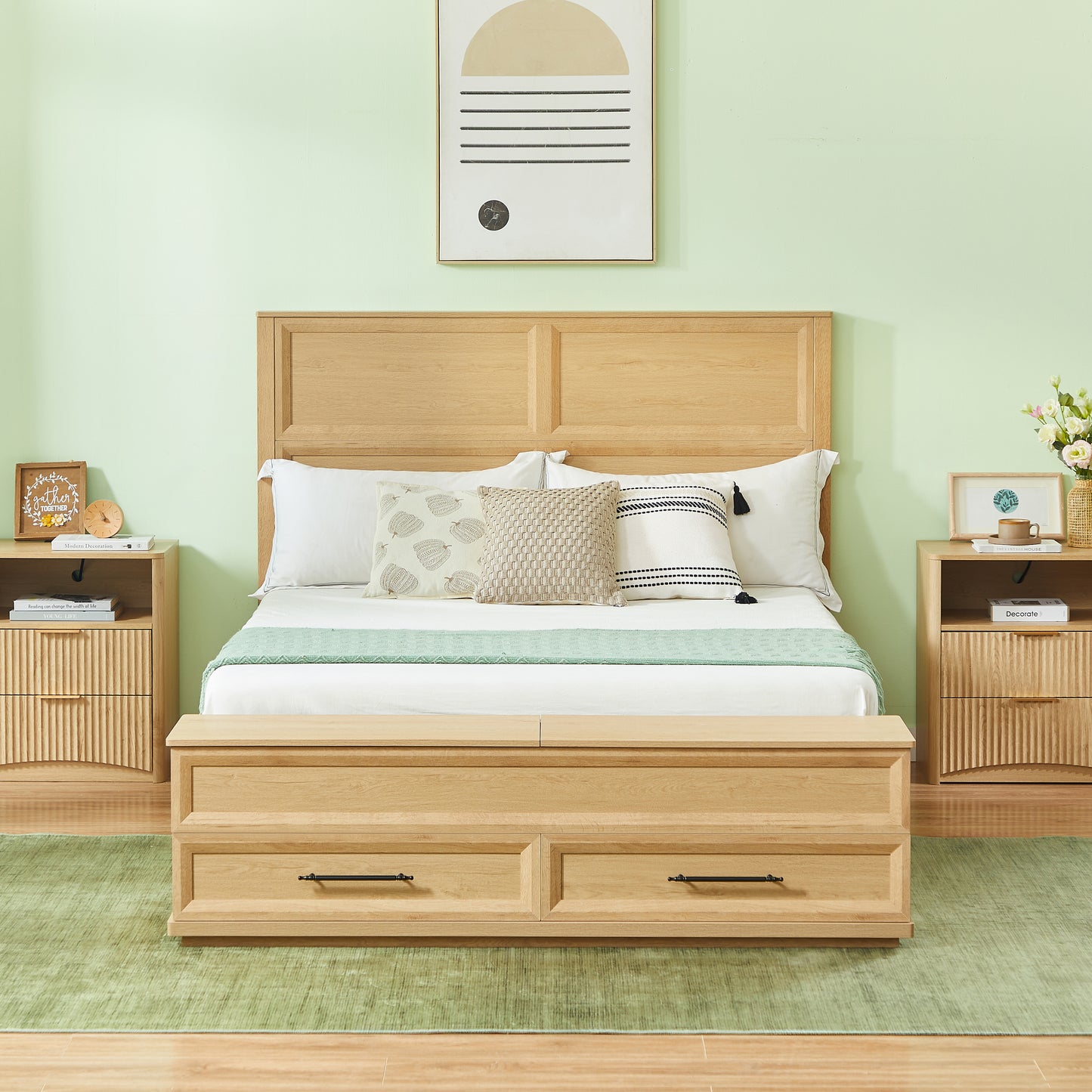 Queen Size Bed with Geometric Headboard & Storage Bench - 4-Drawer Storage, Oak
