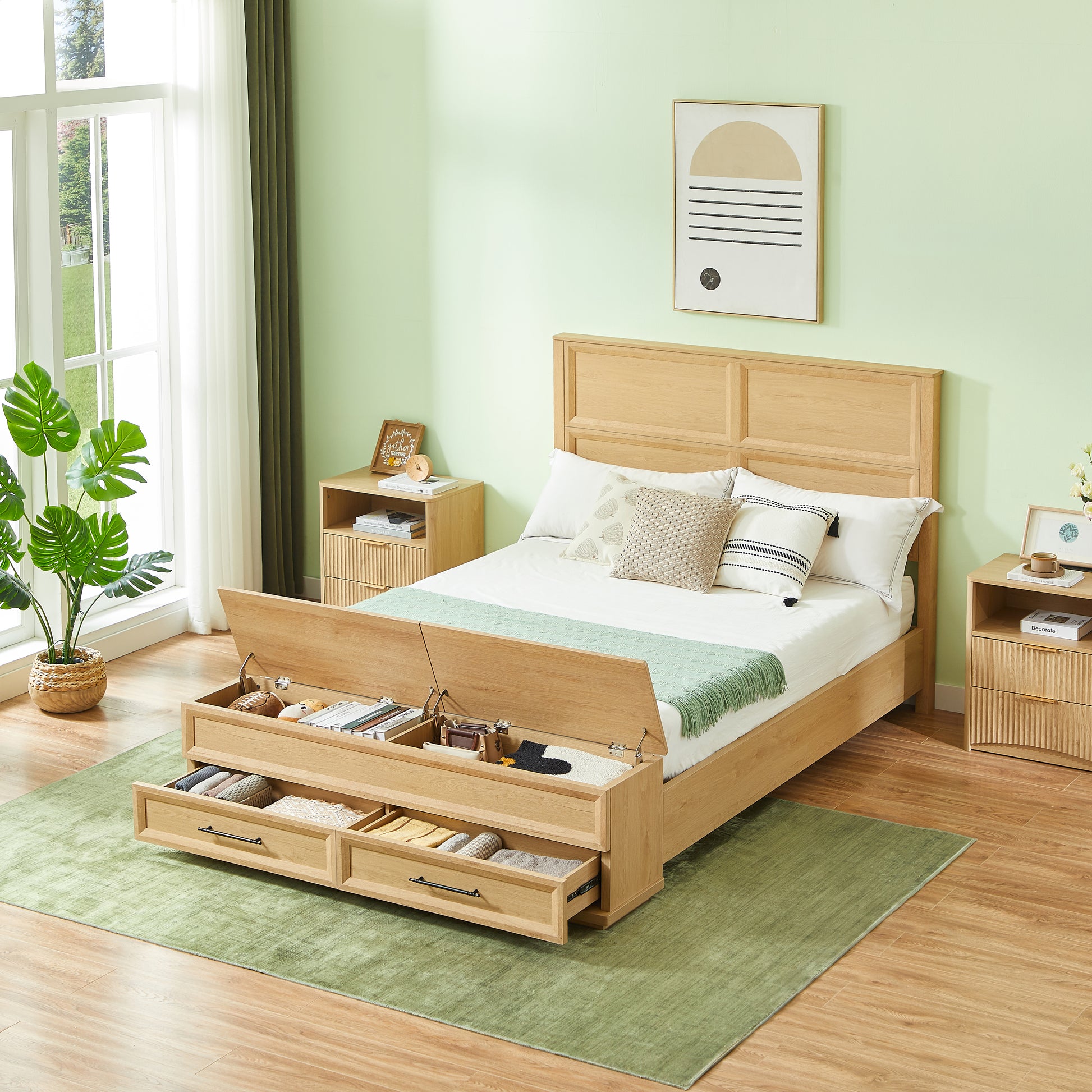Queen Size Bed with Geometric Headboard & Storage Bench - 4-Drawer Storage, Oak