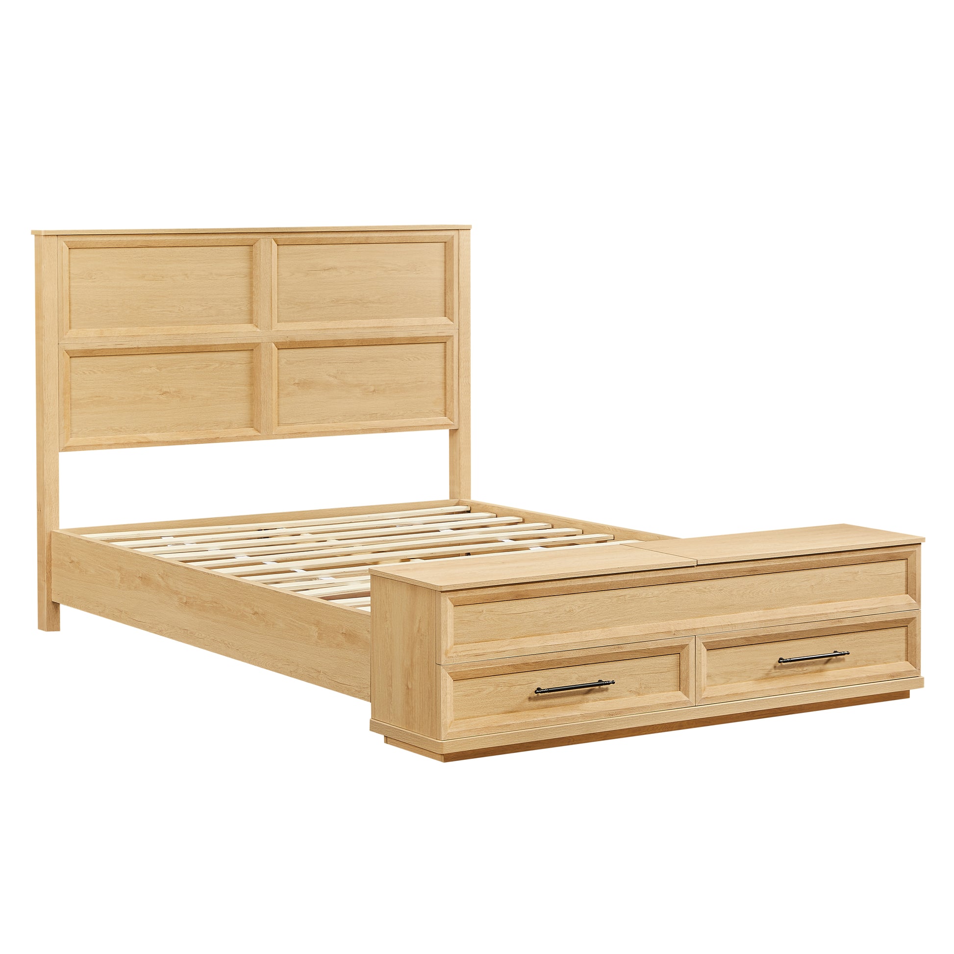 Queen Size Bed with Geometric Headboard & Storage Bench - 4-Drawer Storage, Oak