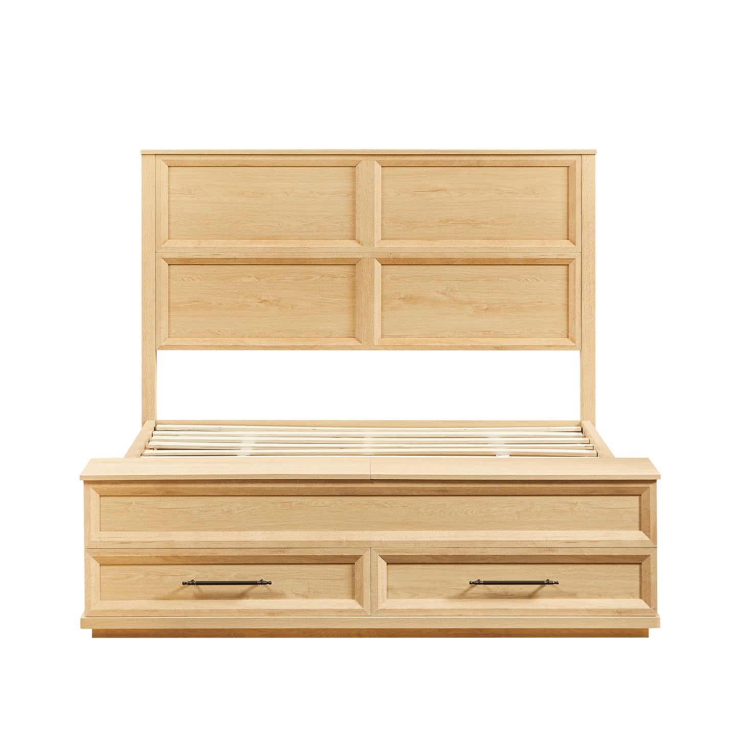 Queen Size Bed with Geometric Headboard & Storage Bench - 4-Drawer Storage, Oak