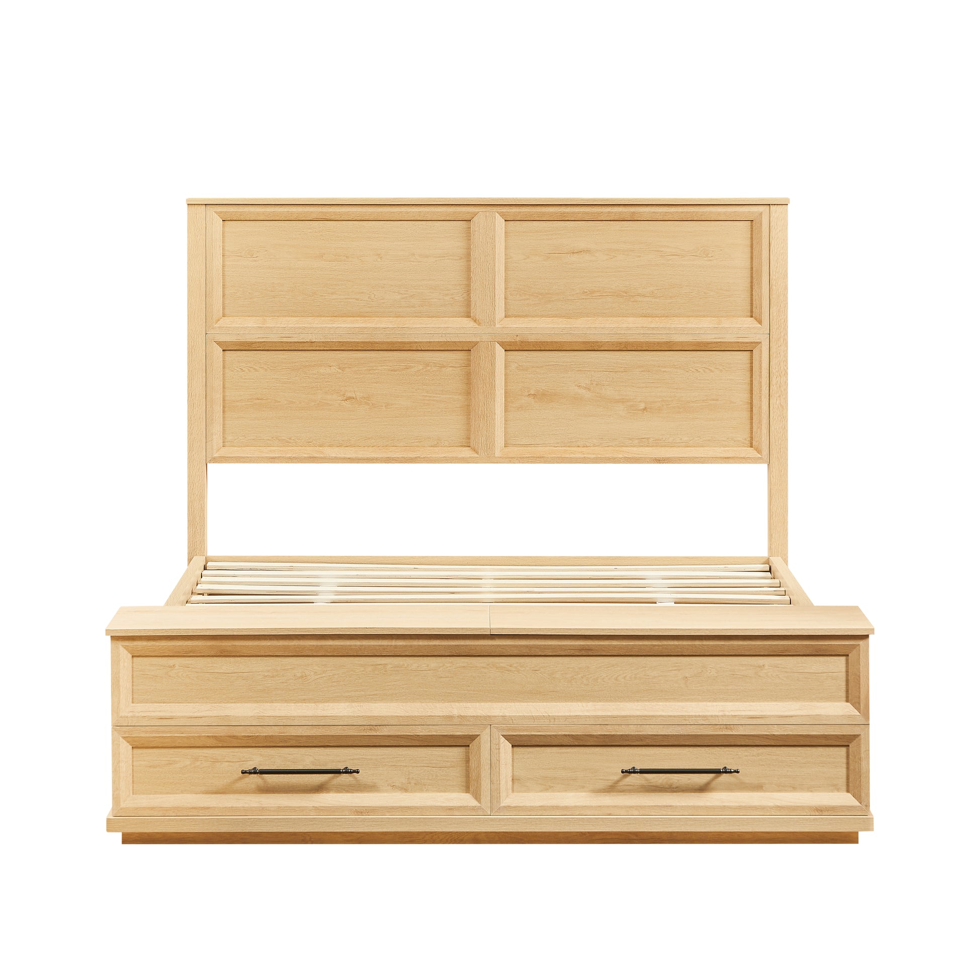 Queen Size Bed with Geometric Headboard & Storage Bench - 4-Drawer Storage, Oak