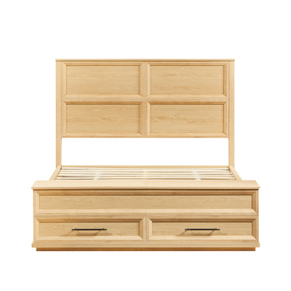 Queen Size Bed with Geometric Headboard & Storage Bench - 4-Drawer Storage, Oak