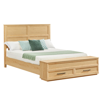 Queen Size Bed with Geometric Headboard & Storage Bench - 4-Drawer Storage, Oak