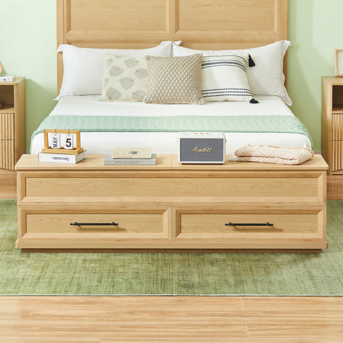 Queen Size Bed with Geometric Headboard & Storage Bench - 4-Drawer Storage, Oak