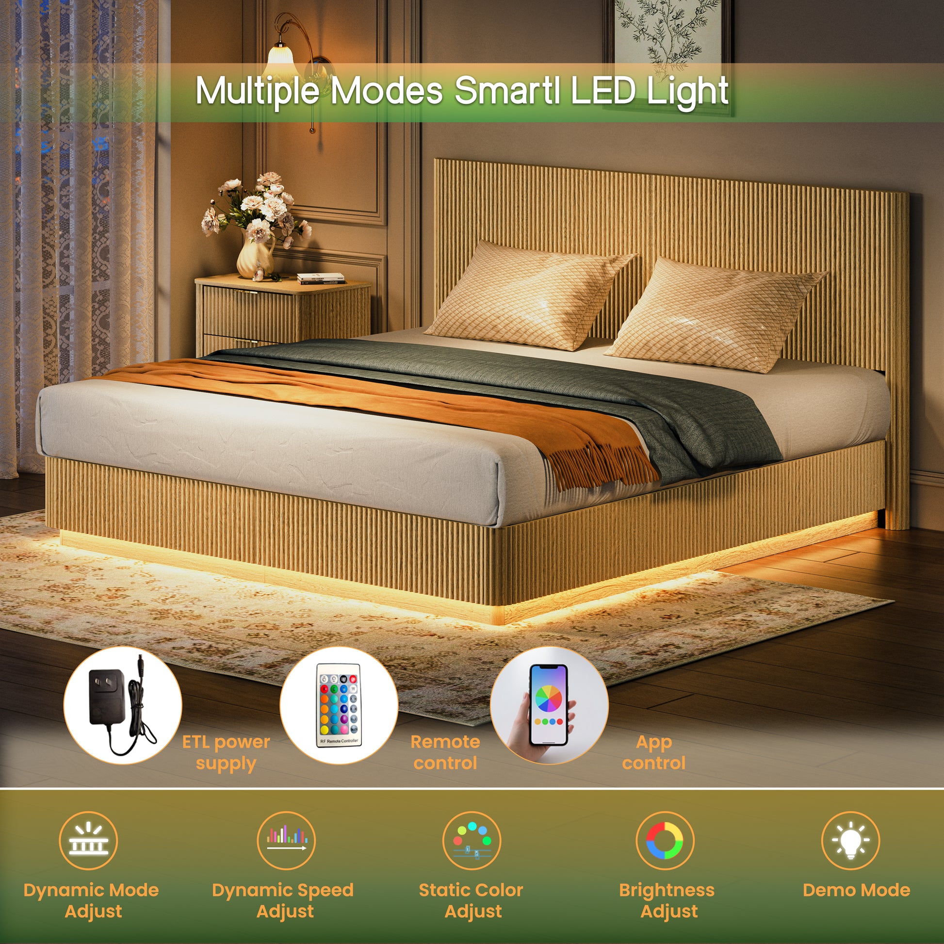 King Size Oak Bed Frame with Smart LED Lighting