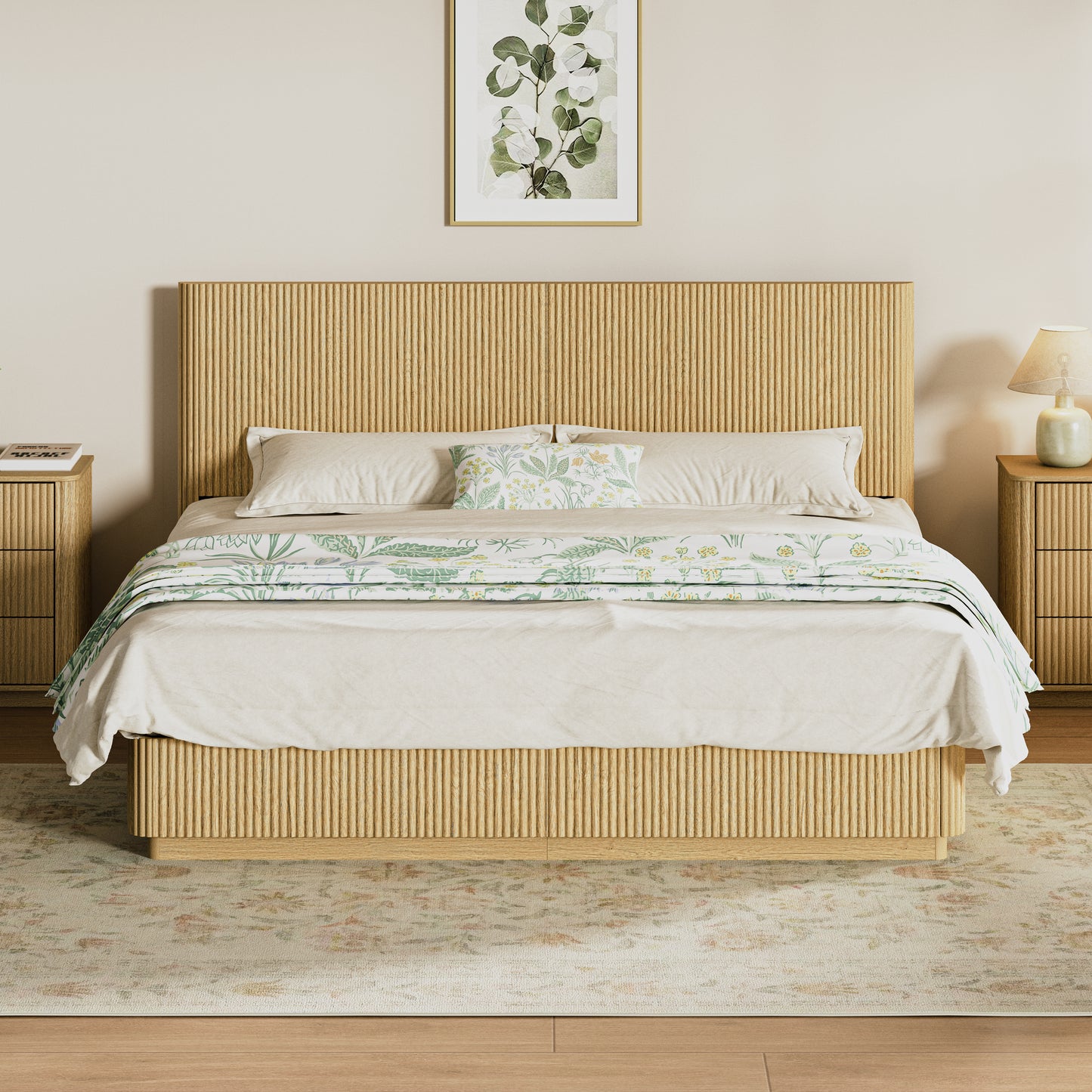Kind Size Bed Frame with LED Lights, Modern Wooden Corrugated Curved Lines, Convex Groove Board Design, Oak.