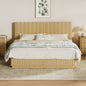 Kind Size Bed Frame with LED Lights, Modern Wooden Corrugated Curved Lines, Convex Groove Board Design, Oak.