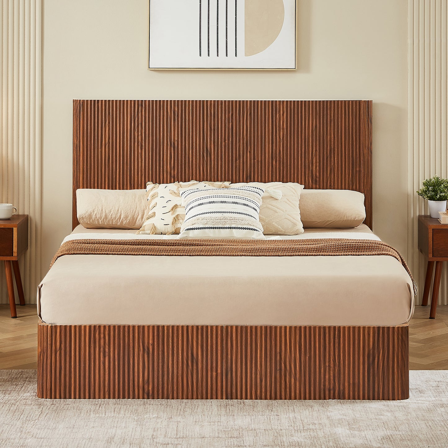 Queen Size Walnut Lift Up Bed Frame with Storage