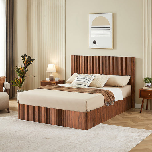 Queen Size Lift Up Storage Bed Frame, Wooden corrugated curved lines, Hydraulic Storage/No Box Spring Needed, Walnut. (Old SKU: W1820S00041
)