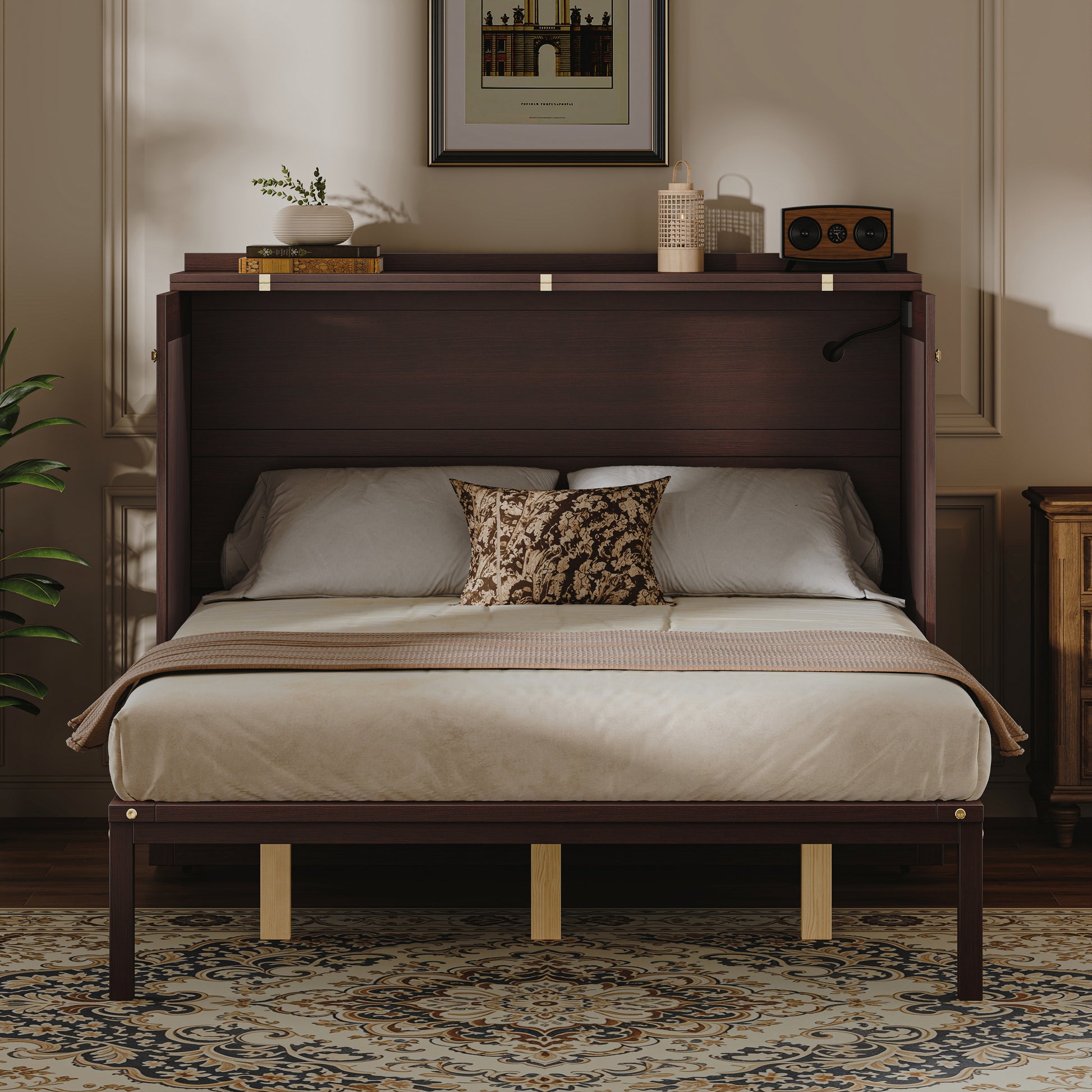 Queen Size Murphy Bed Cabinet - Coffee, Storage & USB Charging for Bedroom