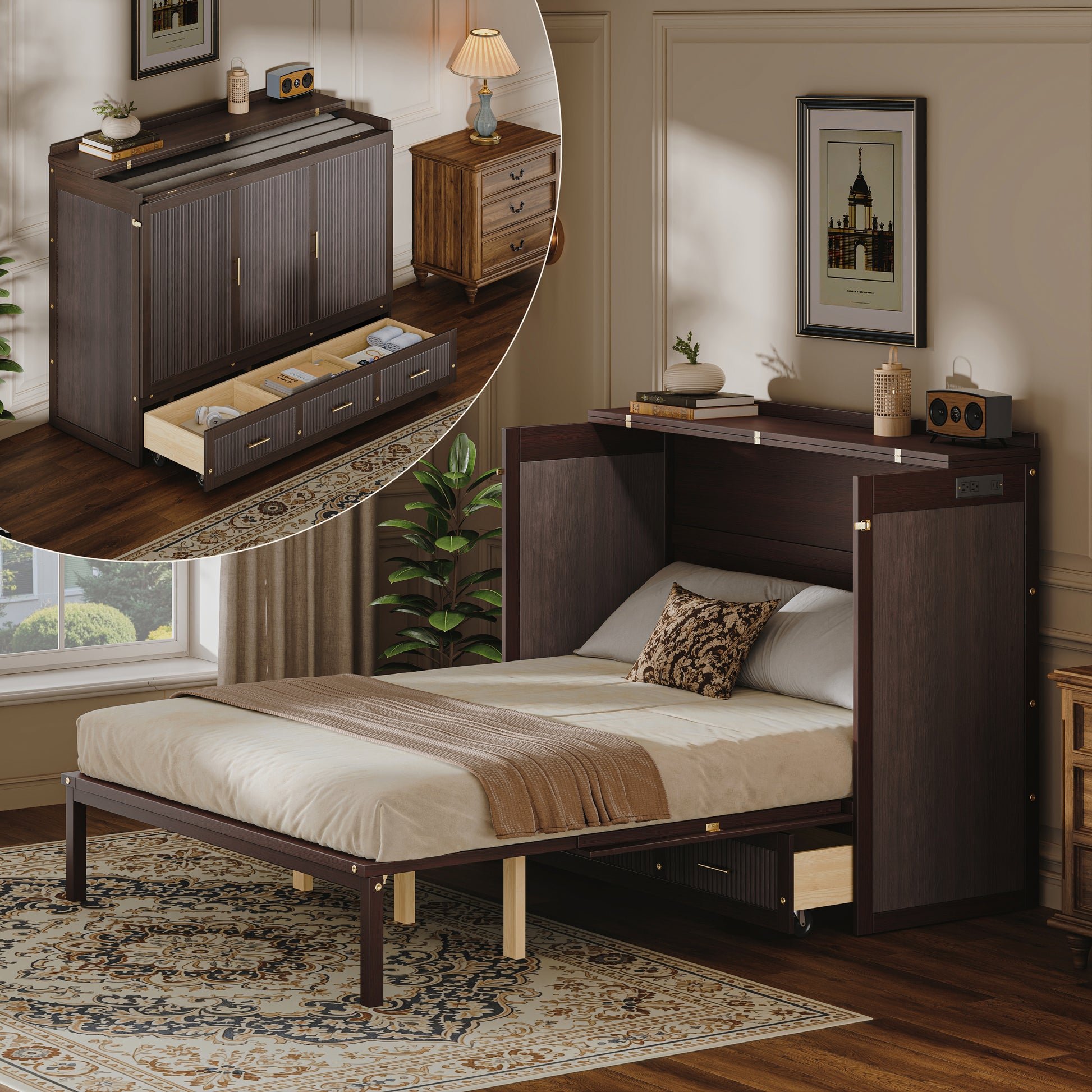Queen Size Murphy Bed Cabinet - Coffee, Storage & USB Charging for Bedroom