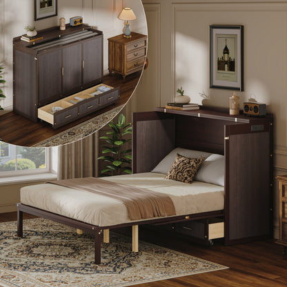 Queen Size Murphy Bed Cabinet - Coffee, Storage & USB Charging for Bedroom