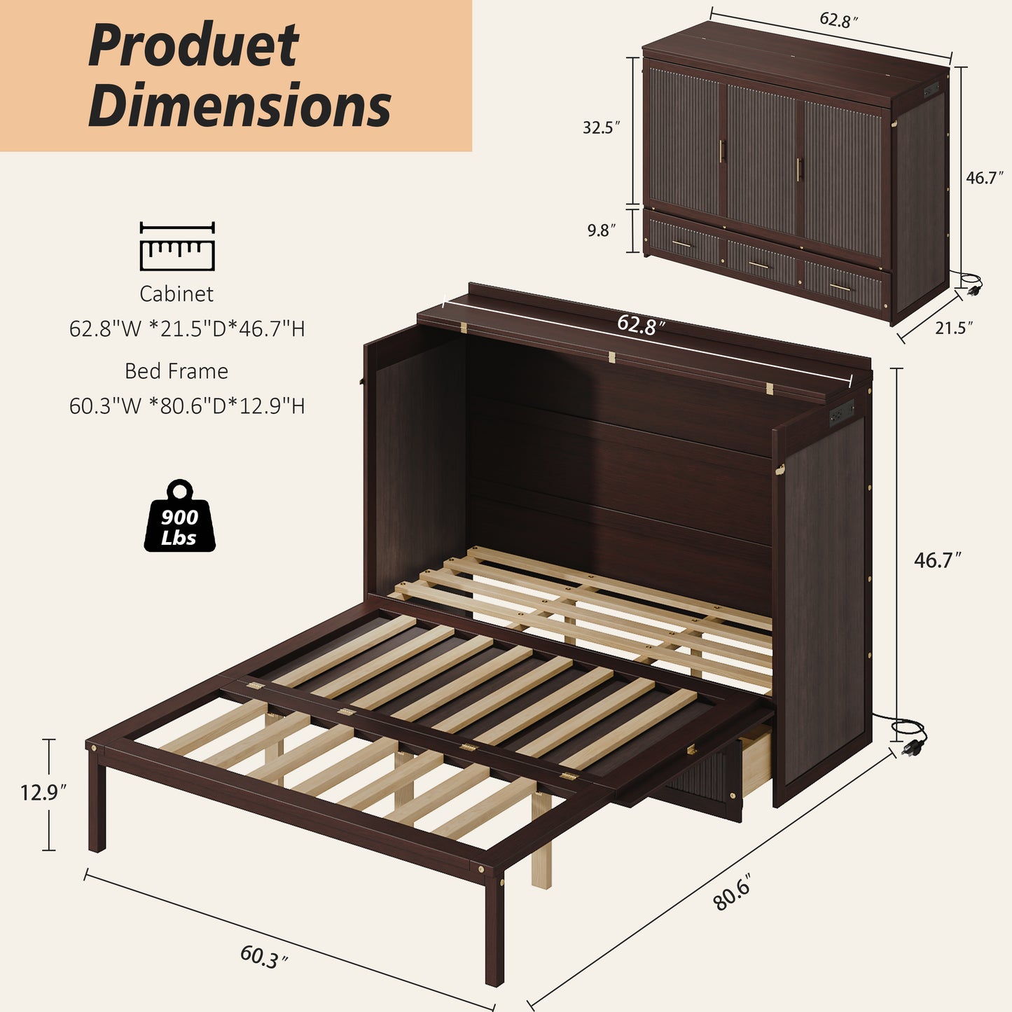 Queen Size Murphy Bed Cabinet - Coffee, Storage & USB Charging for Bedroom