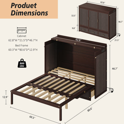 Queen Size Murphy Bed Cabinet - Coffee, Storage & USB Charging for Bedroom