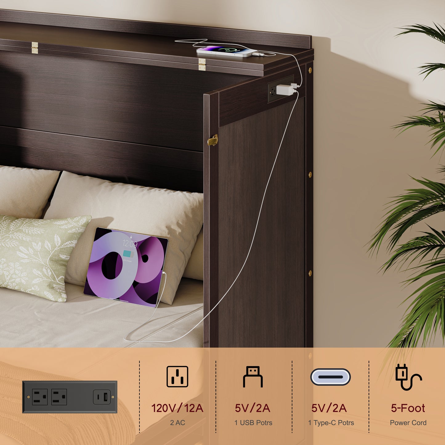 Queen Size Murphy Bed Cabinet - Coffee, Storage & USB Charging for Bedroom