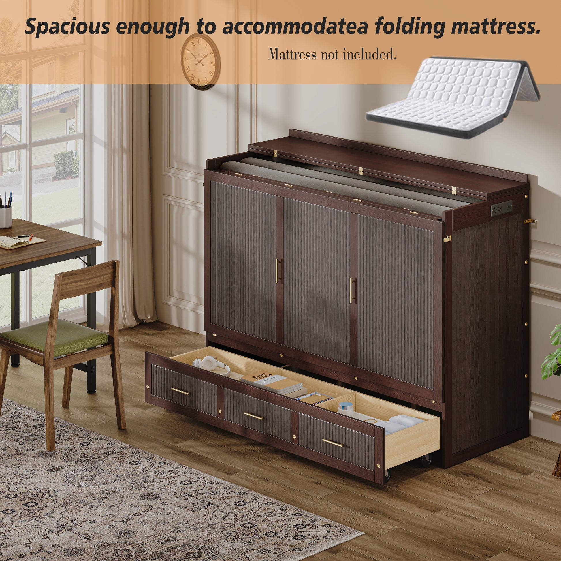 Queen Size Murphy Bed Cabinet - Coffee, Storage & USB Charging for Bedroom