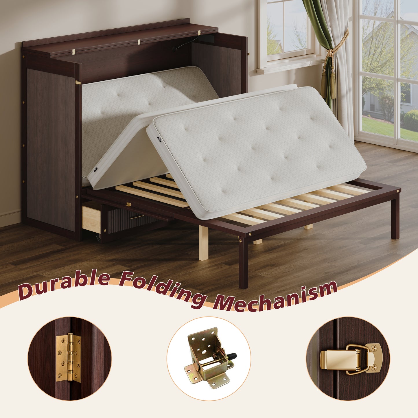 Queen Size Murphy Bed Cabinet - Coffee, Storage & USB Charging for Bedroom