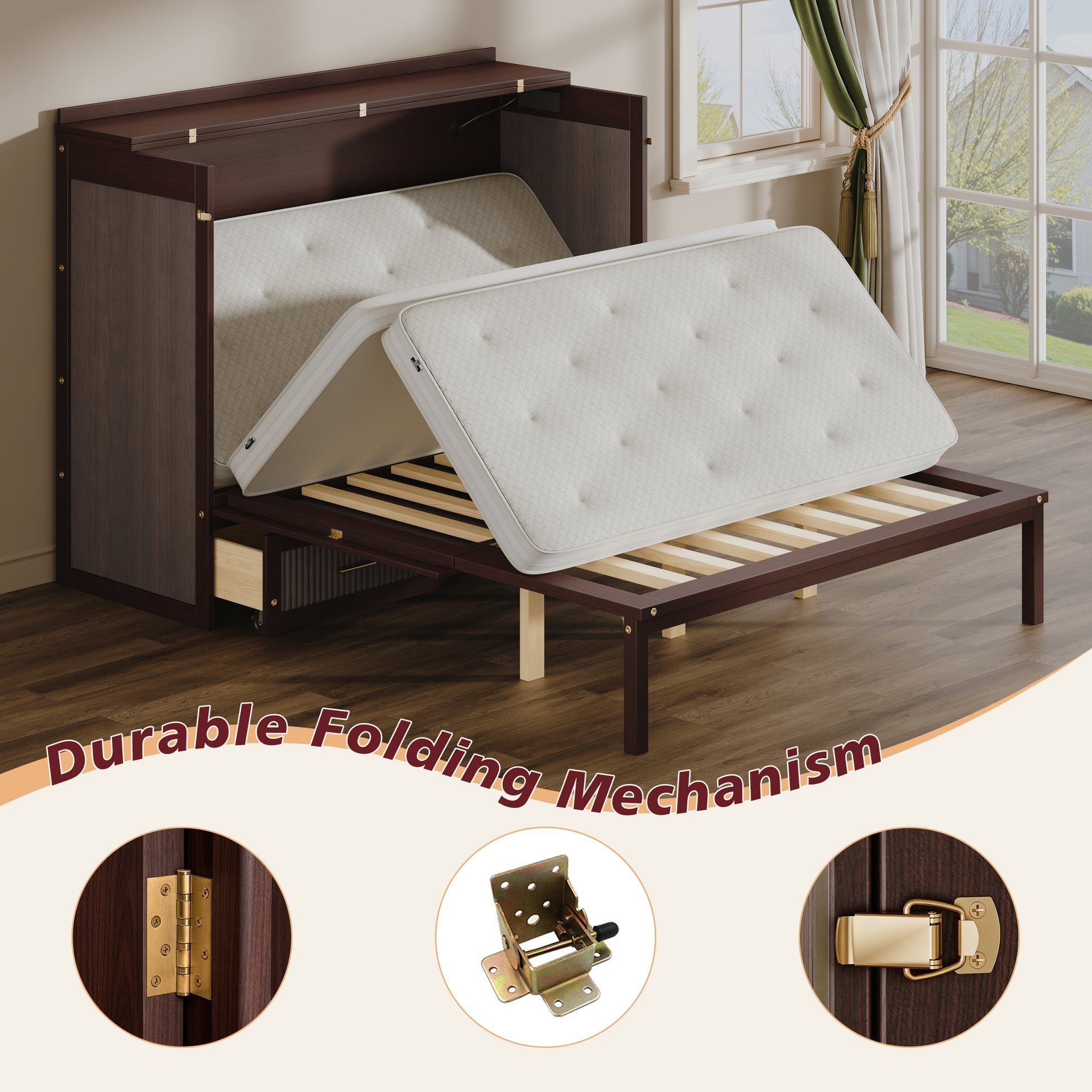 Queen Size Murphy Bed Cabinet - Coffee, Storage & USB Charging for Bedroom