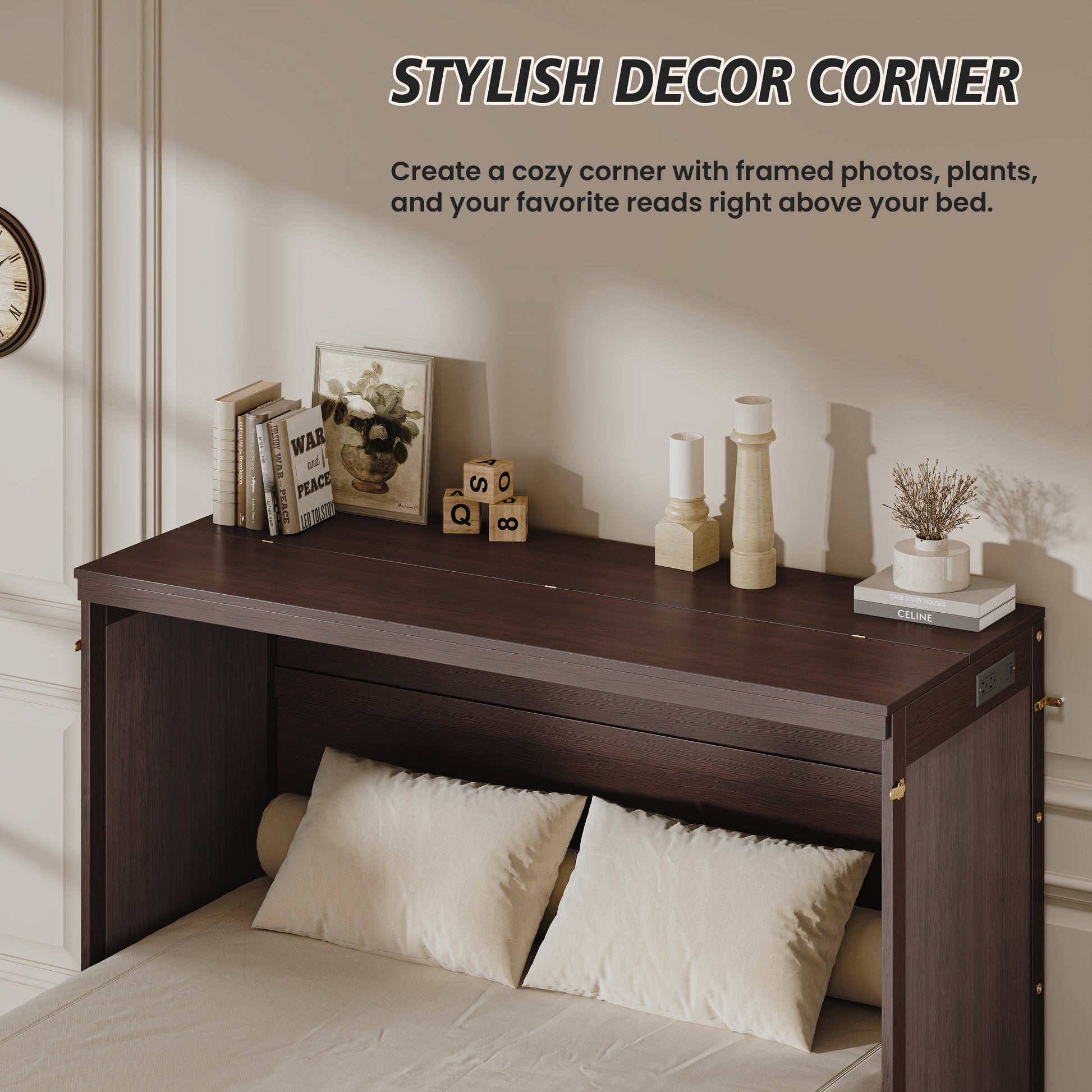 Queen Size Murphy Bed Cabinet - Coffee, Storage & USB Charging for Bedroom