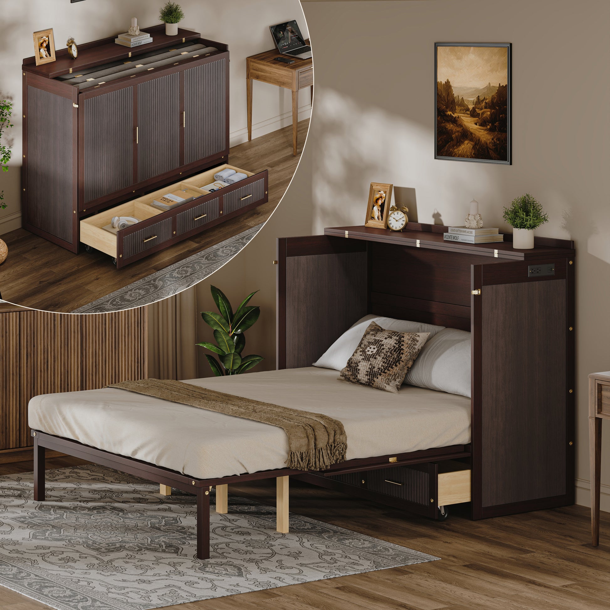 Multifunctional Murphy Bed Cabinet with USB Charging Station, Queen Size Vertical Foldaway Bed with Drawers, Space Saving Hidden Wall Bed with Safety Lock & Anti-Tip Device, Coffee.