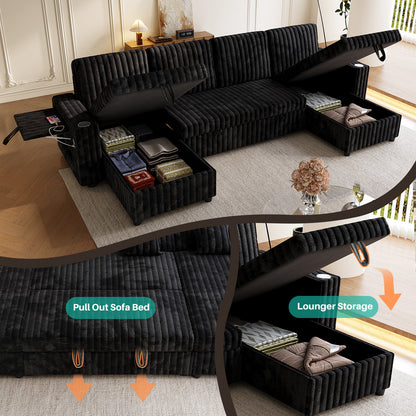 6 Seat Corduroy Sleeper Sofa Bed - Black