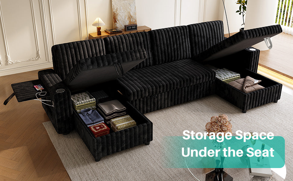 6 Seat Corduroy Sleeper Sofa Bed - Black