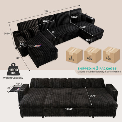 6 Seat Corduroy Sleeper Sofa Bed - Black