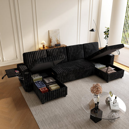 U Shaped Sleeper Sofa, 122 inch Overisze - 2 in 1 Pull Out Bed, Sectional Sleeper Sofa with Double Storage Chaise for Living Room, Corduroy Fabric Couch,BLACK