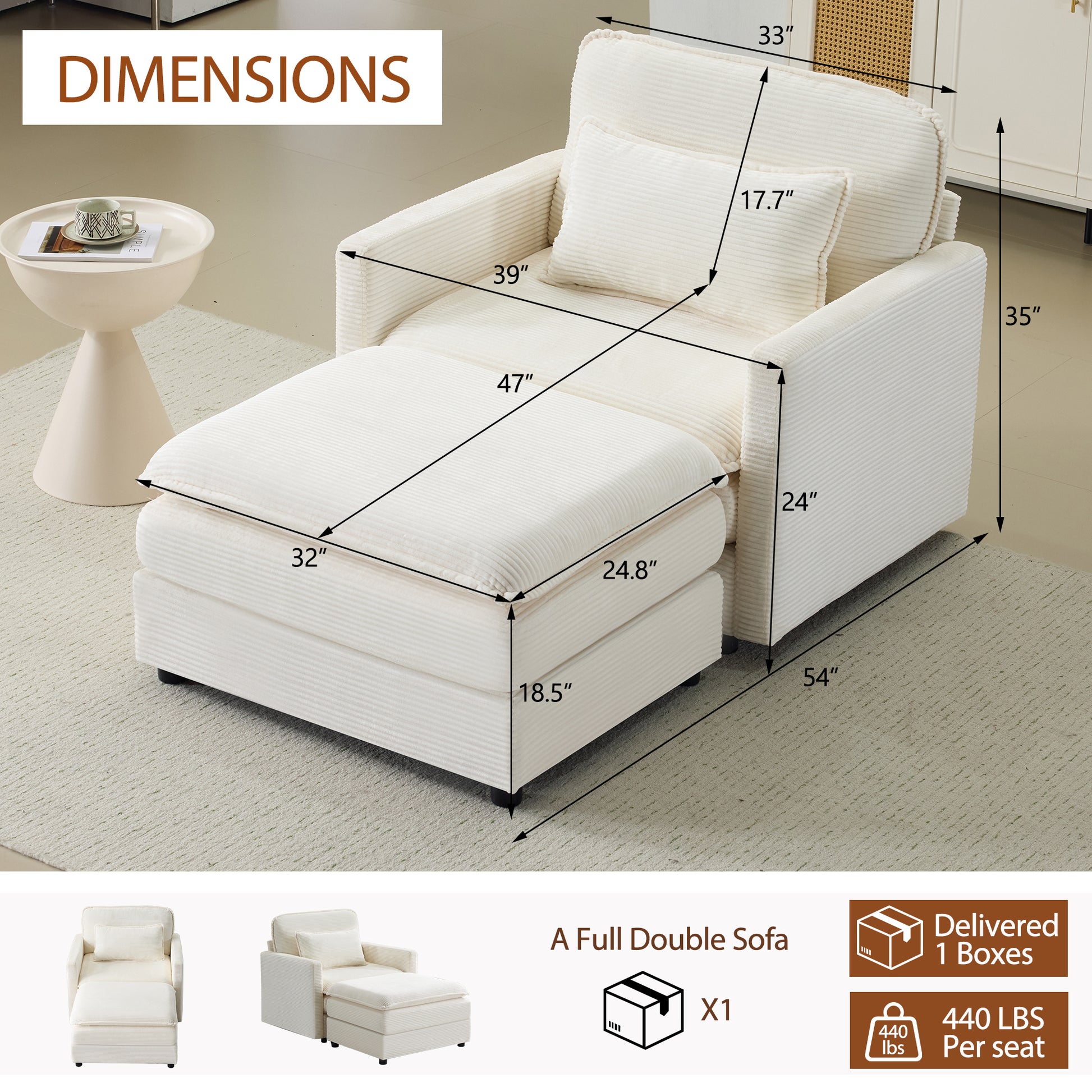 54" Beige Corduroy Sofa - Modular Sofa with Ottoman for Living Room