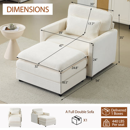 54" Beige Corduroy Sofa - Modular Sofa with Ottoman for Living Room