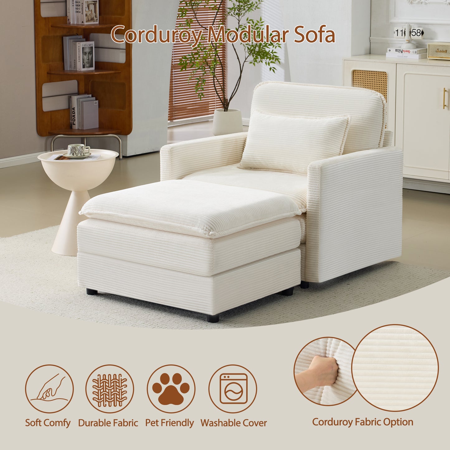 54" Beige Corduroy Sofa - Modular Sofa with Ottoman for Living Room