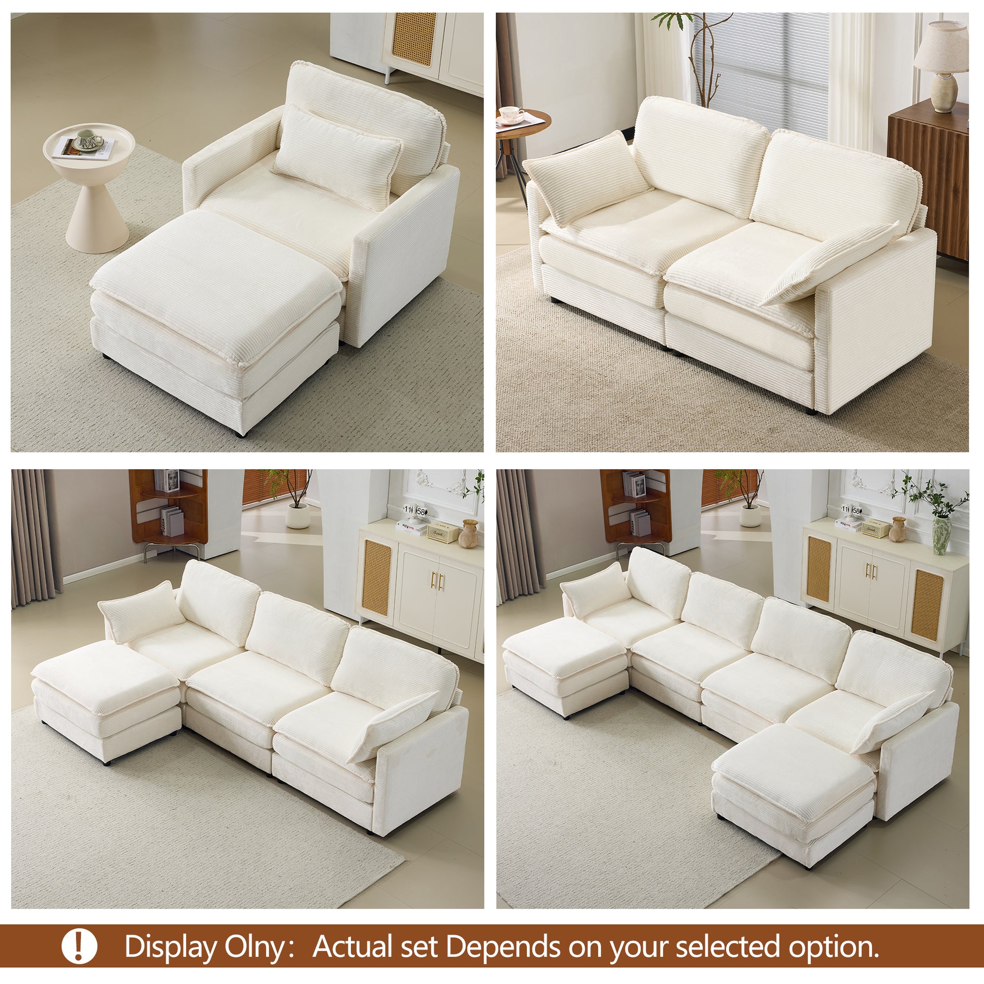 54" Beige Corduroy Sofa - Modular Sofa with Ottoman for Living Room