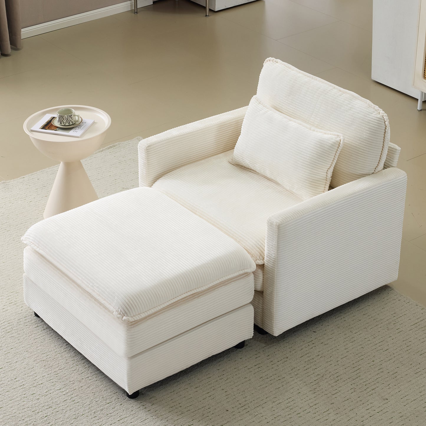 54" Beige Corduroy Sofa - Modular Sofa with Ottoman for Living Room