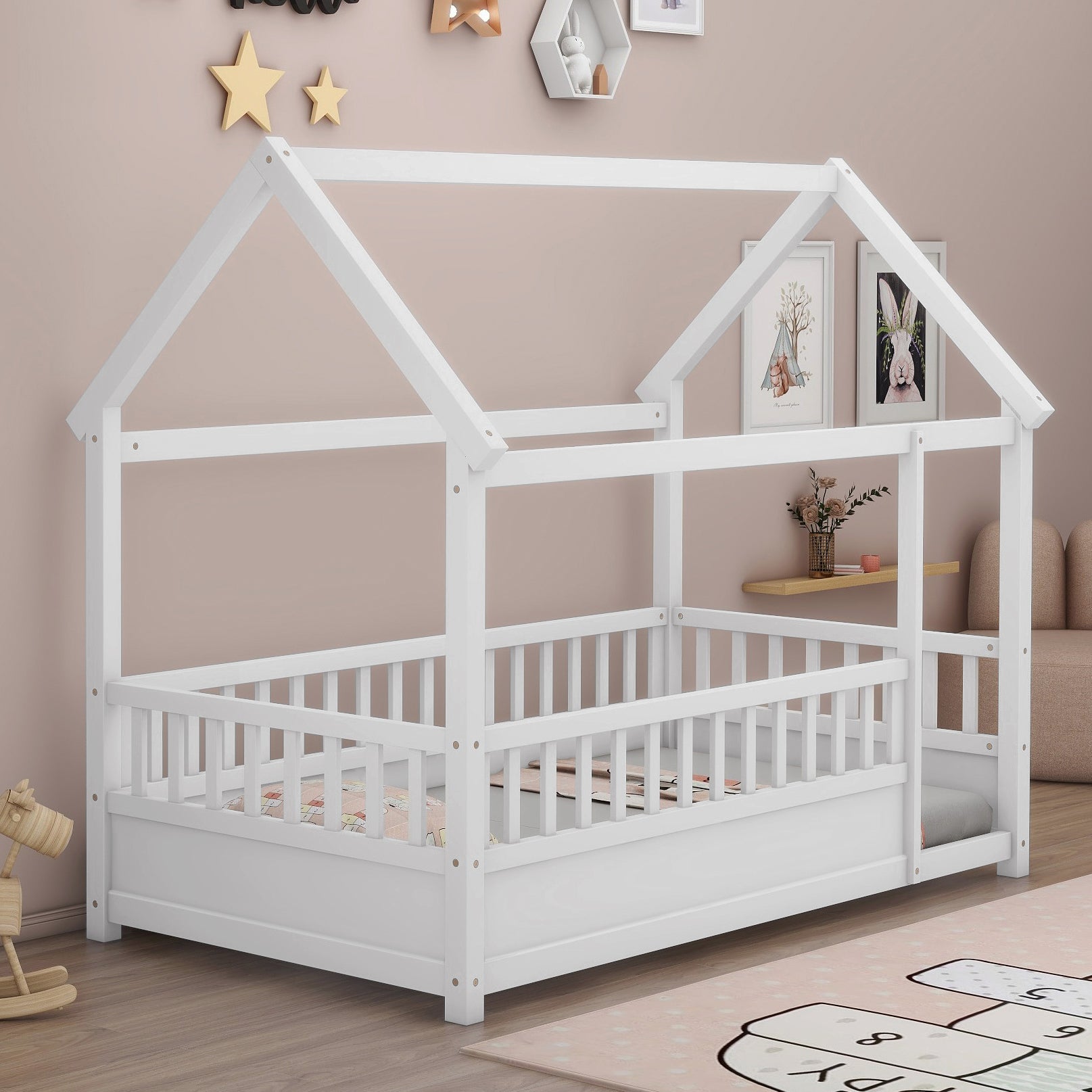 Twin Size Wooden Bed with House Roof Frame, White