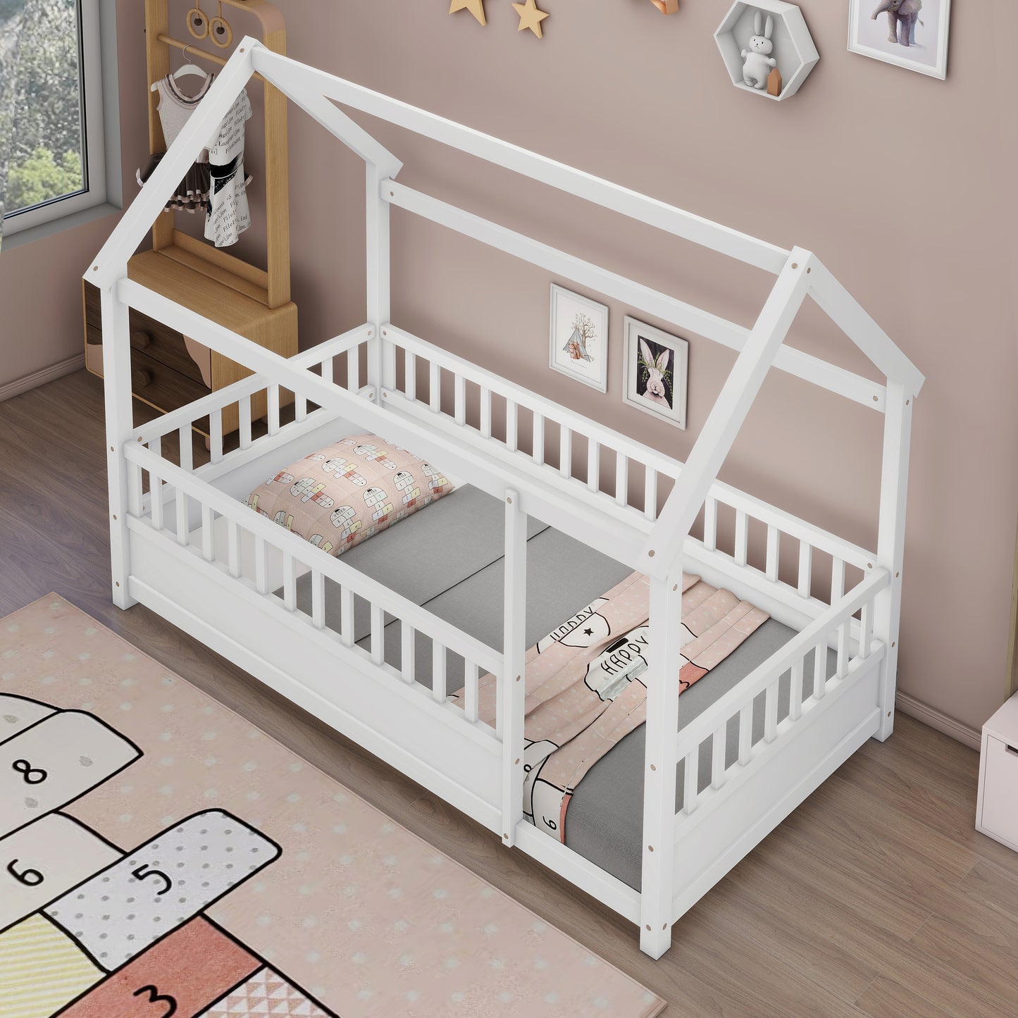 Twin Size Wooden Bed with House Roof Frame, White