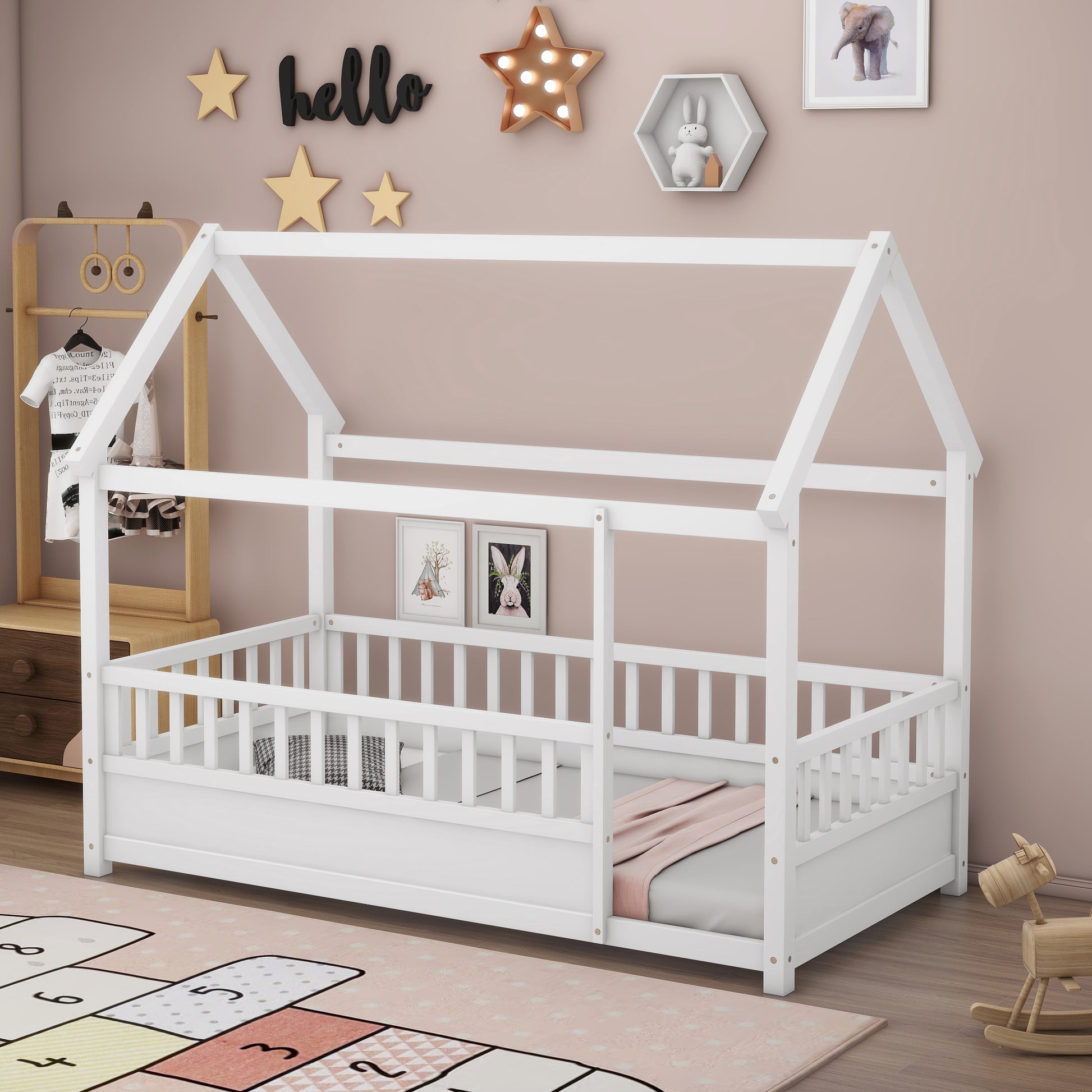 Twin Size Wooden Bed with House Roof Frame, White