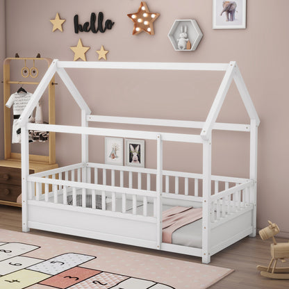 Twin Size Wooden Bed with House Roof Frame, White