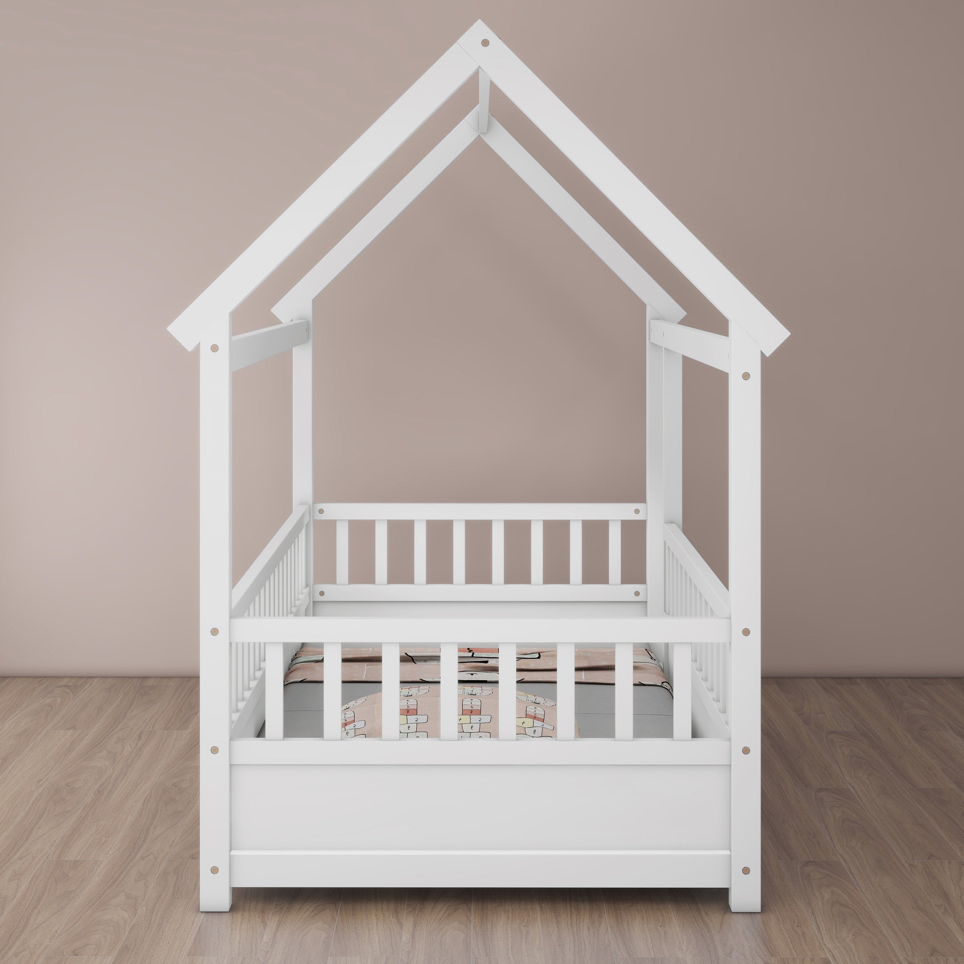 Twin Size Wooden Bed with House Roof Frame, White