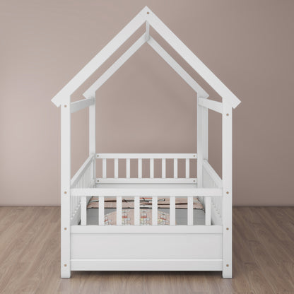 Twin Size Wooden Bed with House Roof Frame, White