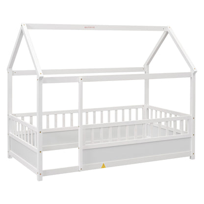Twin Size Wooden Bed with House Roof Frame, White