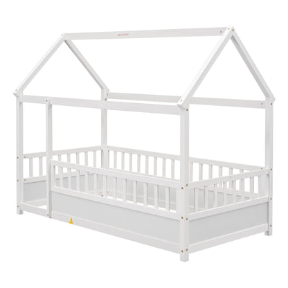 Twin Size Wooden Bed with House Roof Frame, White