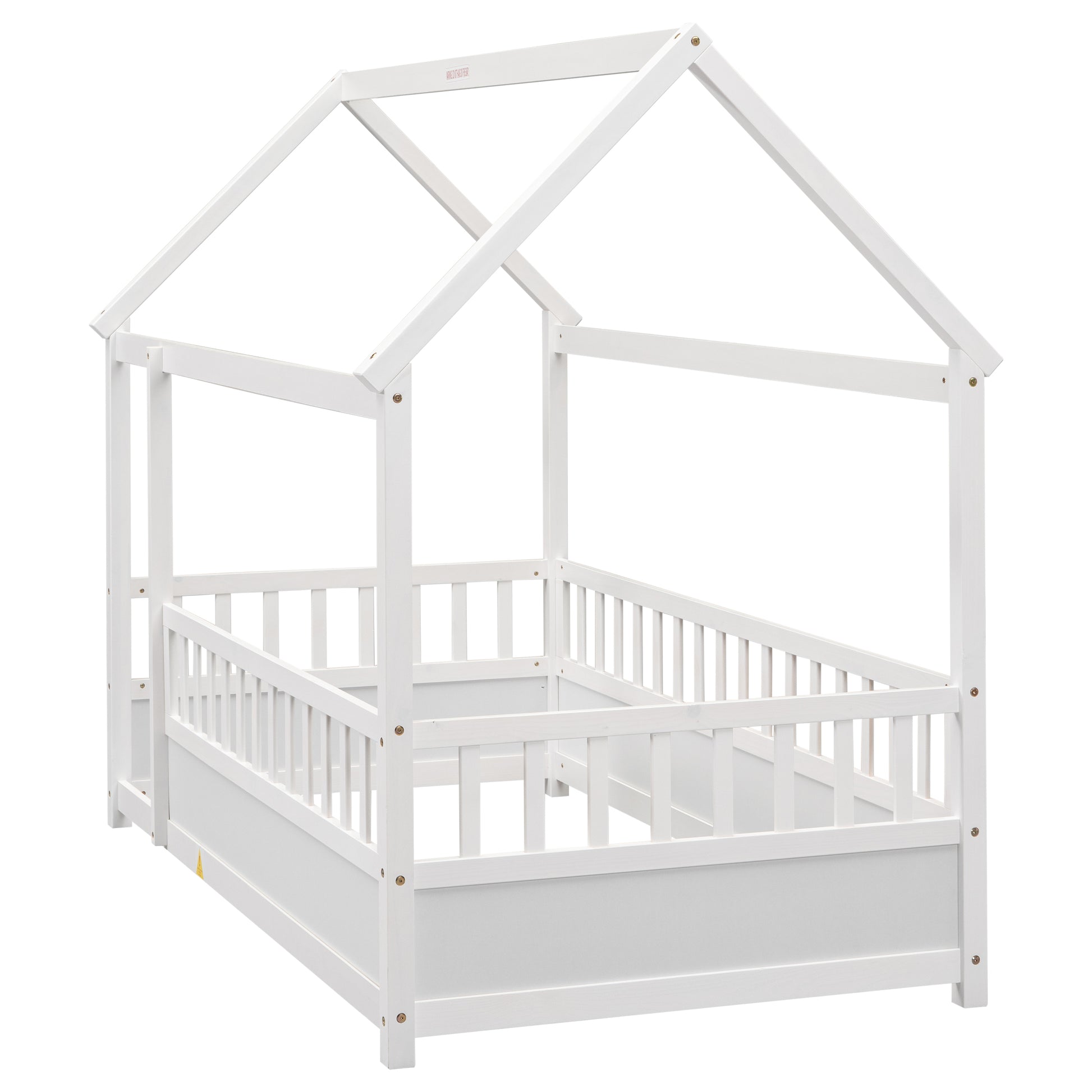 Twin Size Wooden Bed with House Roof Frame, White