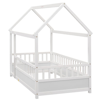 Twin Size Wooden Bed with House Roof Frame, White