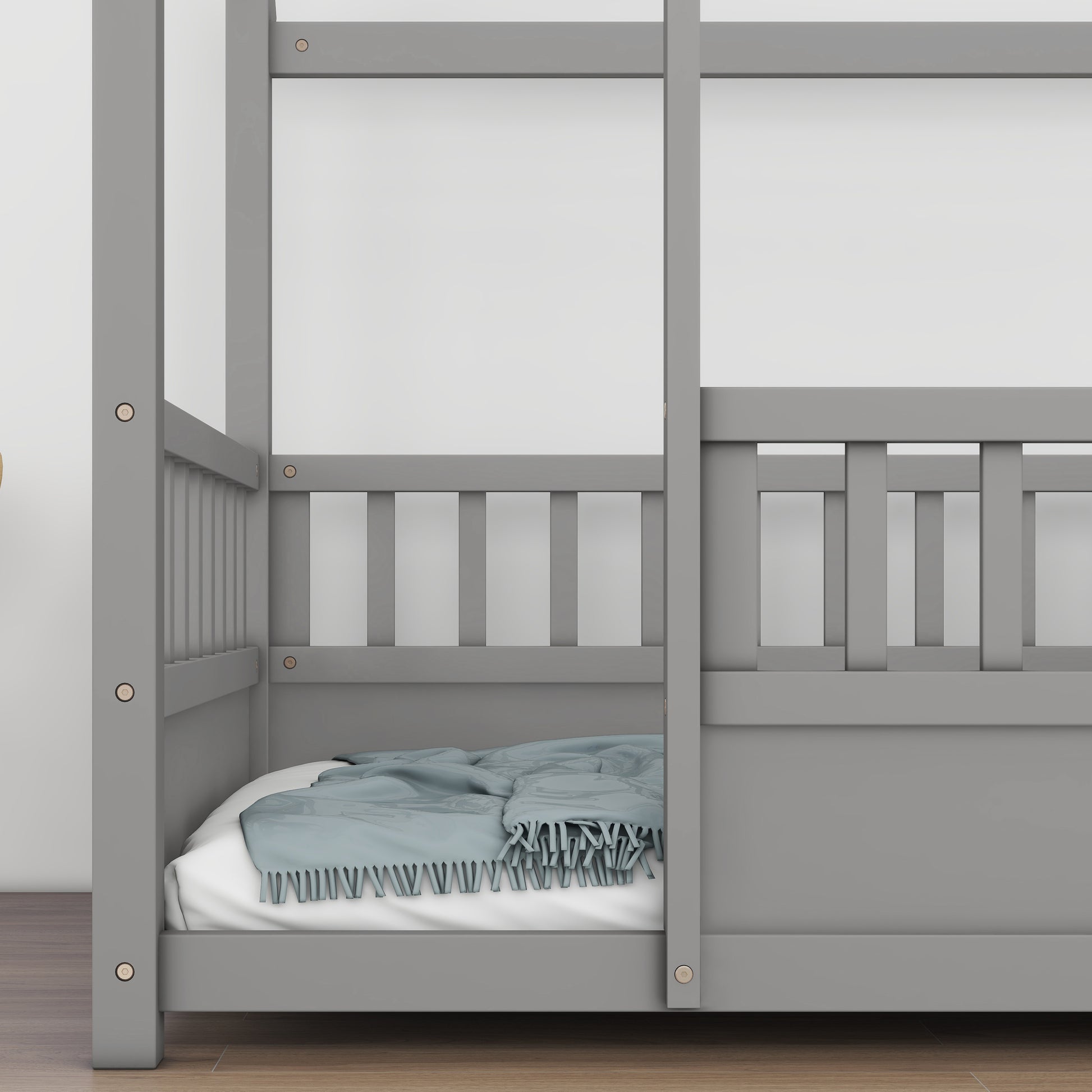 Twin Size Wooden Floor Bed - Grey with House Roof Frame