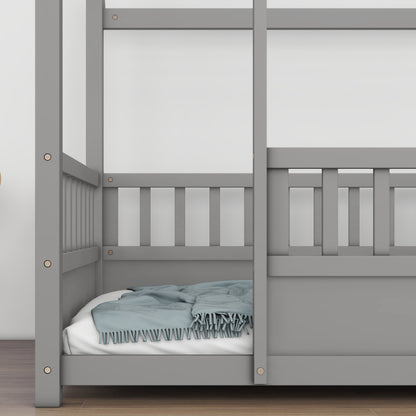 Twin Size Wooden Floor Bed - Grey with House Roof Frame