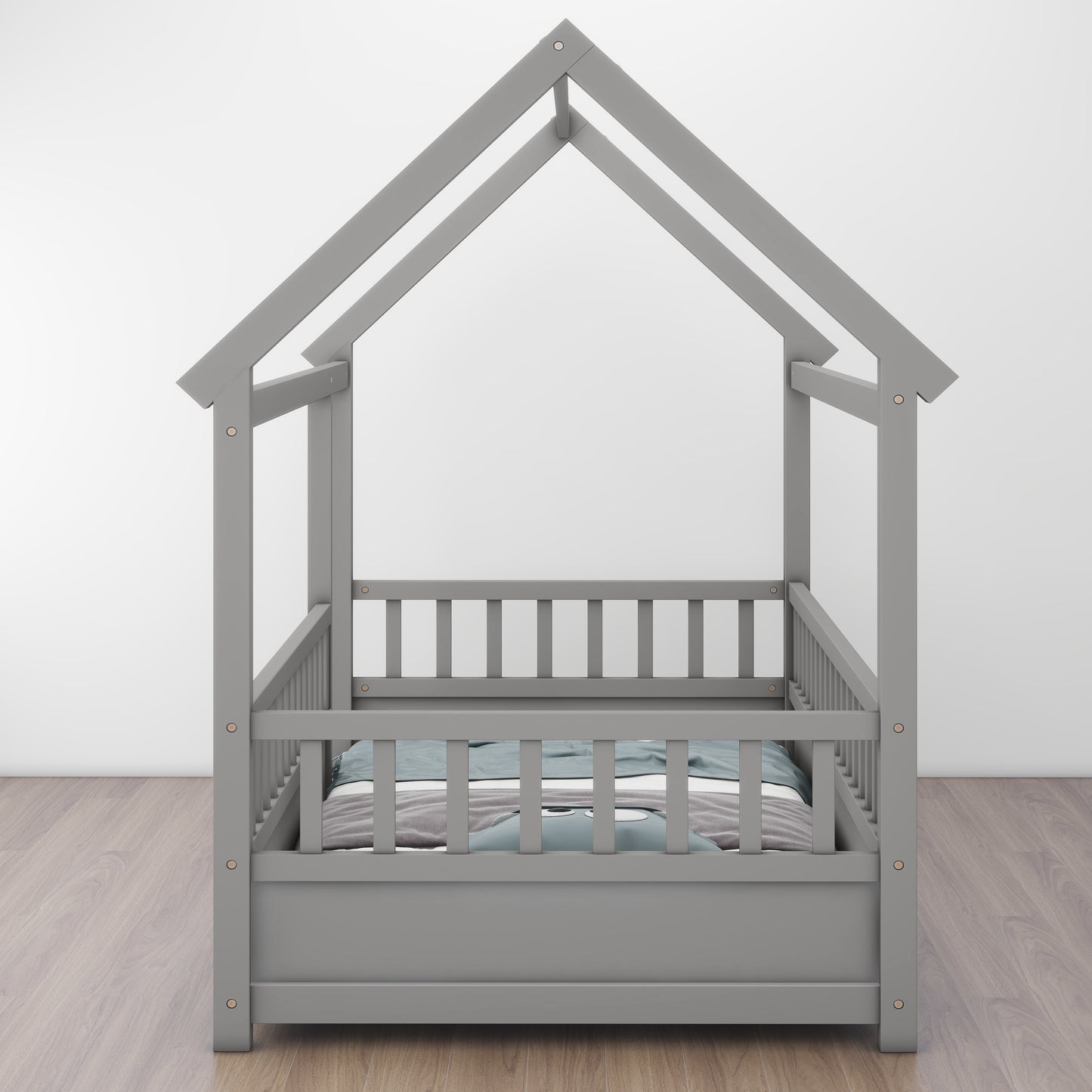 Twin Size Wooden Floor Bed - Grey with House Roof Frame